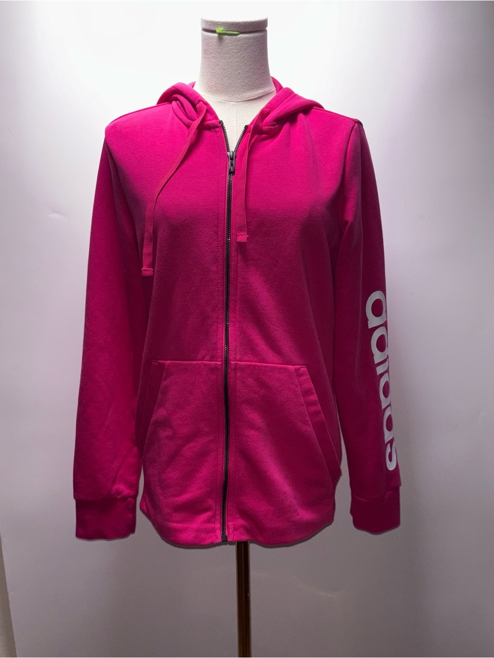 adidas Essentials Hot Pink Full-Zip Hoodie with Sleeve Logo Size M